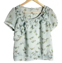 Freebird Light Blue Sheer Floral Bird Ruffled Short Sleeve Blouse Size S