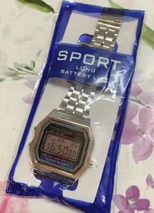 Mens classic digital watch silver tone running