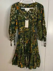 Cara Cara Millbrook Floral Print Dress in Green Botanical Birds in Size XS