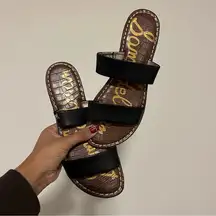 Sam Edelman Gala Slide Mule Black Leather Open Toe Flat Slip On Sandals Slides