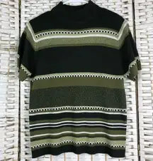 Studio Works Vintage Women’s Green Striped Acrylic Short Sleeve Top Size Medium