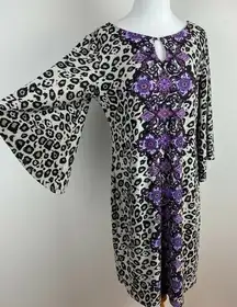 Dana Buchman Dress‎ M Leopard Floral 3/4 Bell Sleeve Beige Tan Purple