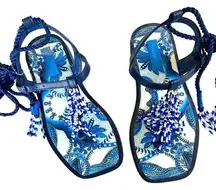 Farm Rio Blue Tile Beaded Flat Lace Up Sandals Blue Size 6 NEW WITHOUT BOX