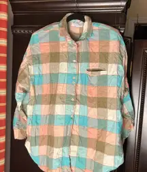 Vintage Patchwork Button Down Shirt with Shoulder Pads. Front and Back Buttons.