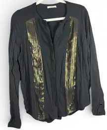 Sessùn Garbo Black Blouse With Gold Shimmer Pleats Sz XS
