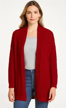 NWT Joan Vass Red Cable Knit Open Front Wool Cashmere Blend Cardigan Holiday