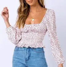 PRINCESS POLLY Women's US Size 6 Red & Black Polka Dot Cute Cropped Top Blouse