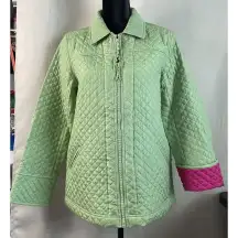 Quacker Factory Small Green Pink Quilted 100% Silk Jacket‎ Coat Full Zip NEW
