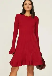 Esteban Cortazar Dress Womens Large Red Bell Sleeve Knit Stretch Mini Ribbed