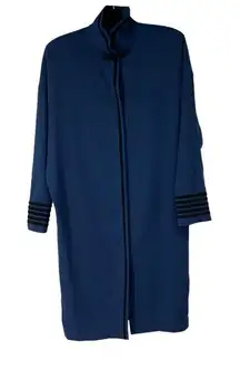 Vtg Linda Allard Ellen Tracy Blue Black Detail 100% Wool Long Coat Sz 10 Women’s