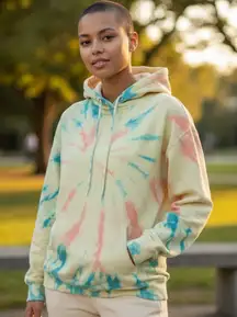 Vibrant Tie-Dye Hoodie - Yellow-Gold Orange, Green front pouch Size XL