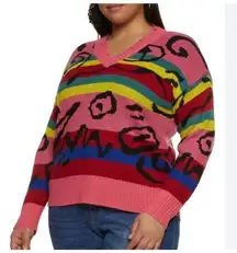 Trendy Threads Retro Multicolored Distressed Vneck Sweater Sz XL