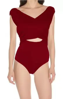 LE LIS Bodysuit Womens Large Deep Red Cutout Asymmetric Draped Neckline NEW
