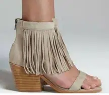 Sol Sana Fringe Suede Sandal Shoes - Tobi Heel - Size 8 taupe tan