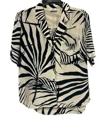 AYR Pool Boy Shirt Black Cream Palapa Print Silk Blend Short Sleeve Button Down