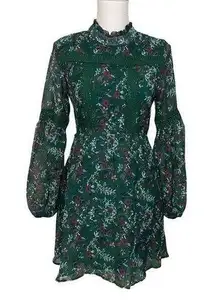 Romeo + Juliet Couture NWT Dark Green Floral Crochet Mini Skater Dress Long Balloon Puff Sleeve New