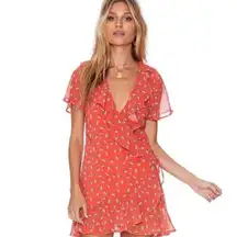 Beach Riot  Coral Ruffled Wrap Style Sheer Short Sleeve Sun Dress - Small