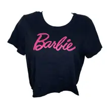 Mattel Barbie Cropped Crew Neck T-shirt Black With Barbie in Pink Writing Small