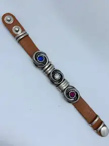 Leather Gemstone Silver tone Chunky Bracelet, size 6”-6.5”,