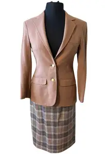 Vintage 80s Cashmere Camel Blazer Grey Plaid Midi Skirt Suit size 6 Van Julian