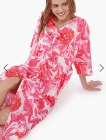 JustFab Hot Coral Pink Floral Ruched Kaftan Dress Cover Up Size XL Loose Fit