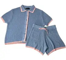 ZARA Women's Small Knit Lounge Set Blue Pink Trim Short Sleeve Button Top Shorts