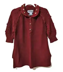 Vintage Floral Peter Pan Collar Tunic Sweater M Burgundy Puff Sleeve Cottagecore