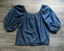 Sundance Blue Denim Puff Sleeve 100% Cotton Flowy Relaxed Fit Blouse Size M Fall