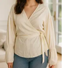 ELOQUII Elements NWT Cream Puff‎ Sleeve Wrap Top 18 Linen Blend Blouse Beige