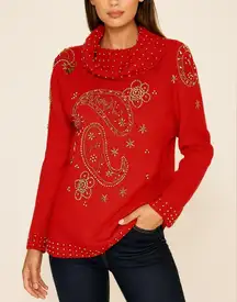 Western Connection Red Ugly Christmas Sweater Women’s Sz Large Beaded Holiday
