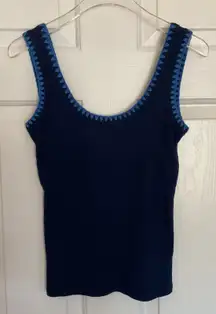J.Crew Womens XXS Blanket-stitch Ribbed Tank Top Blue Trim Sleeveless Casual NWT