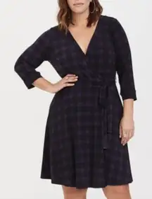 Torrid Purple Plaid Studio Wrap Dress Size 2X Surplice V-neck 3/4 Sleeve Belted