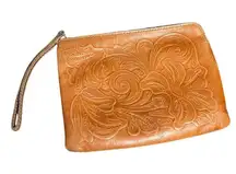 Patricia Nash CASSINI BURNISHED TOOLED Wristlet Brown Leather Bag Purse Boho