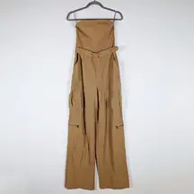 Alice + Olivia Sachiko Strapless Cargo Utility Multi Pocket Jumpsuit Jumper Tan