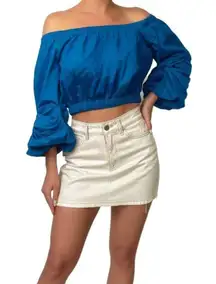 Blashe Women Blue Off Shoulder Cropped Ruched Puff Sleeve Bohemian Chic Blouse