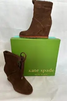 Kate Spade NEW  women's Dark Brown Cow Suede Saunders Wedge Ankle Boots Size 6