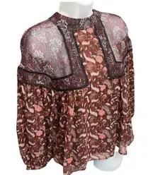 Zara Maroon Floral Print Flowy Top Blouse Size small