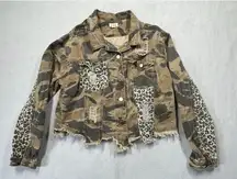 POL Denim Jacket Camo and Leopard Print Tan Brown Boho Gypsy Trendy Womens Small