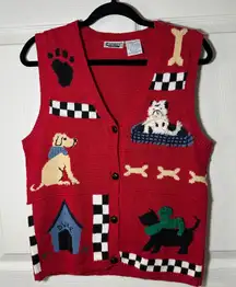 Vintage Capacity Petite Small Dog Print Sleeveless Button Down Knit Sweater Vest
