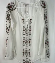 Blu Pepper Vintage‎ Ivory Aztec Embroidery Tie Front Poet Blouse Women’s Large