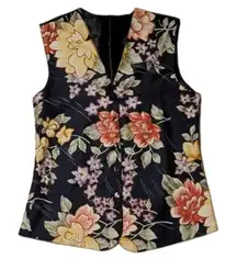 Black Floral‎ Beaded Vest Cottage Core Grandma Core Boho Back Tie Snap Up - S