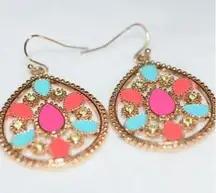 Hippy Dippy Boho Teardrop Blue/Pink/Orange Enamel Inlay Lime Rhinestone Earrings