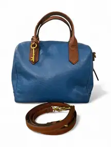 Vintage Fossil Blue Leather Satchel Crossbody Bowling Bag Key Charm Brown Strap