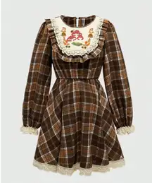 NWT Fairycore Women's Casual Plaid Patchwork Mushroom Embroidery Mini Dress