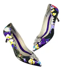 Brian Atwood Jael Kitten Heel Pumps Satin Floral Embellished Size 39‎ US 8
