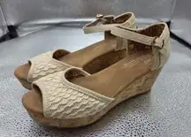 Toms Cork Wedge Beige Cotton Straps Platform Sling Back Shoes Sandals 6.5