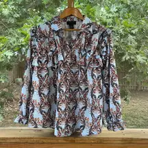 Gracia Women's Blue Butterfly Print Ruffled Long Sleeve Blouse Size L