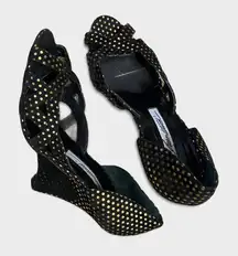 Brian Atwood Peep Toe Stiletto Wedge In Black With Gold‎ Dots Size 35