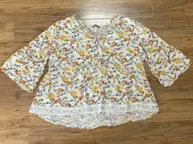 Unique Spectrum Women's 3X Floral Top‎ Crochet Hem Bell Sleeve Babydoll Boho