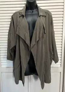 Lulus Olive Green Open Cardigan Soft‎ Denim 3/4 Tab Sleeve Size XS Oversized